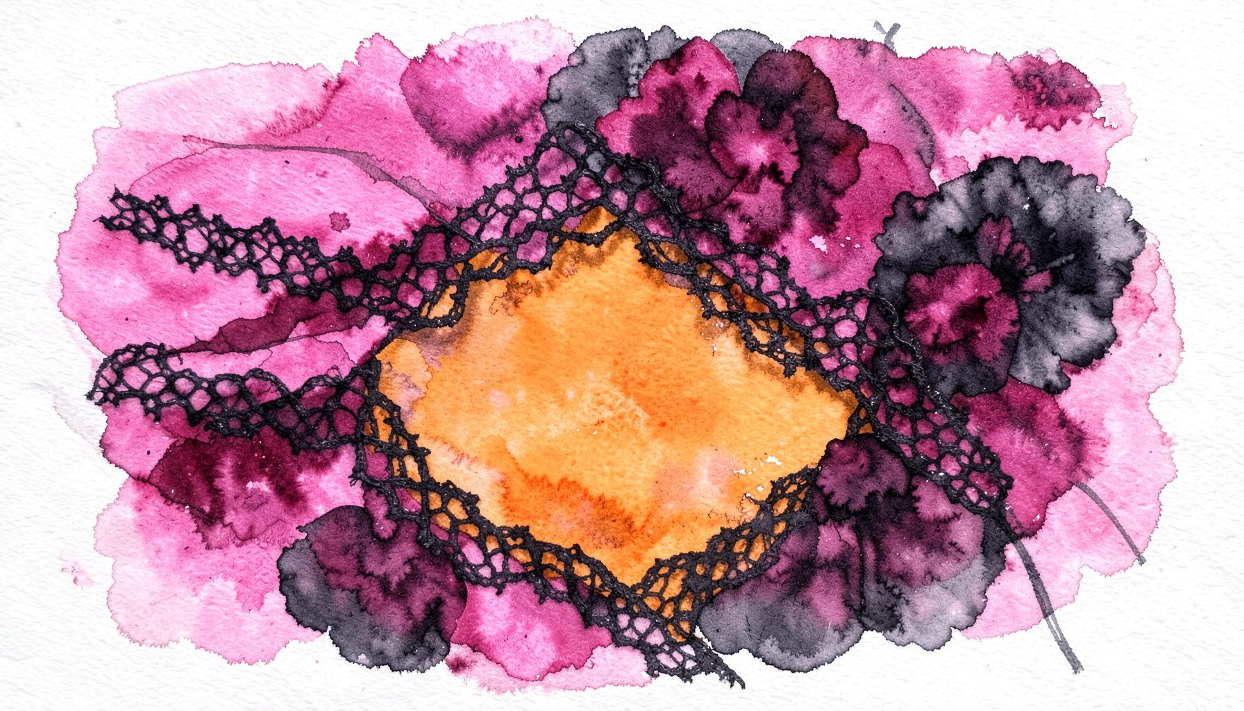 A soft watercolour painting of fuchsia pink fabric layered with black lace, rich magenta blooms bleeding into charcoal shadows.