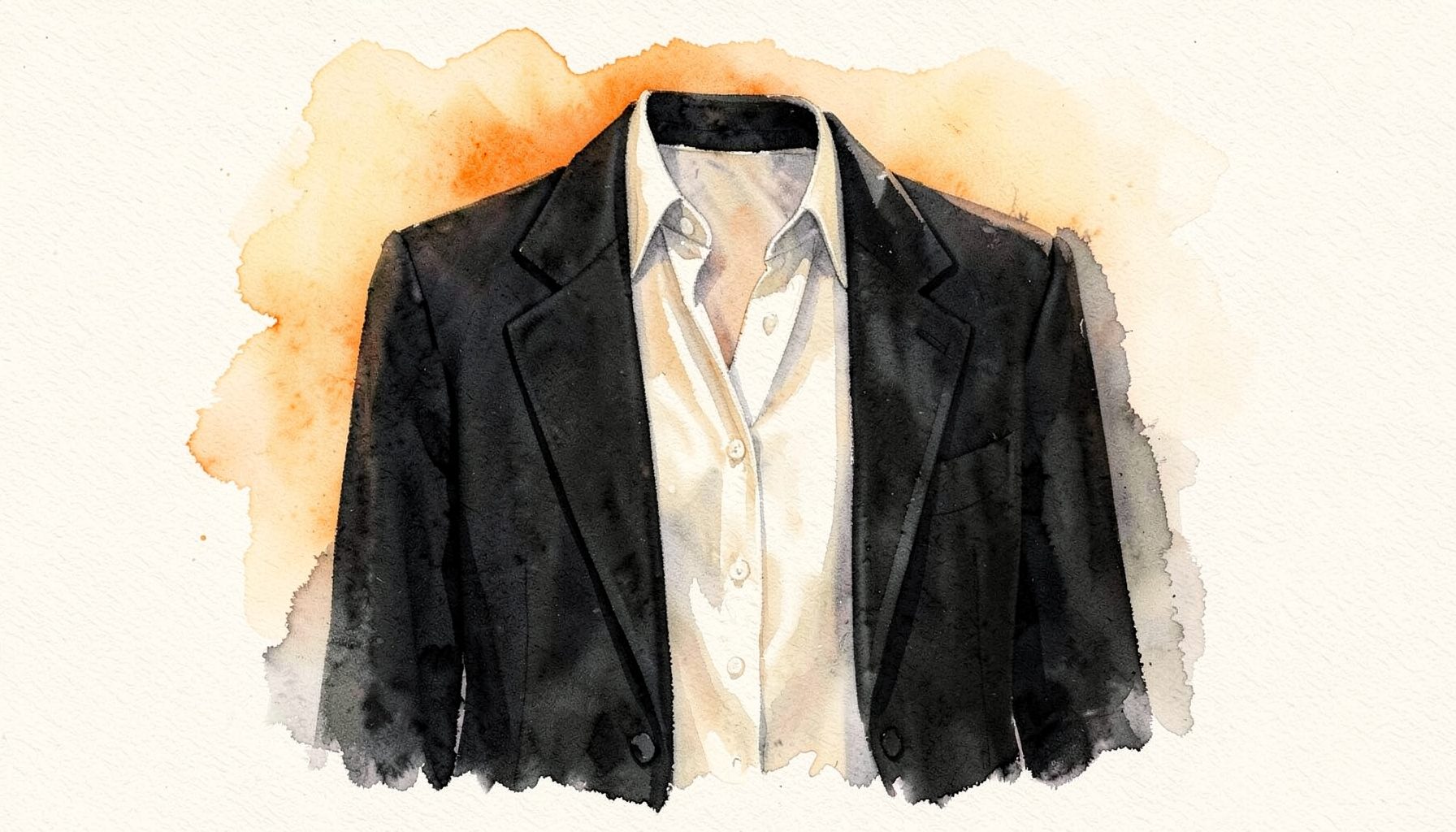 A soft watercolour painting of a black tailored blazer draped over a cream silk blouse, with subtle grey shadows and a warm ivory background.