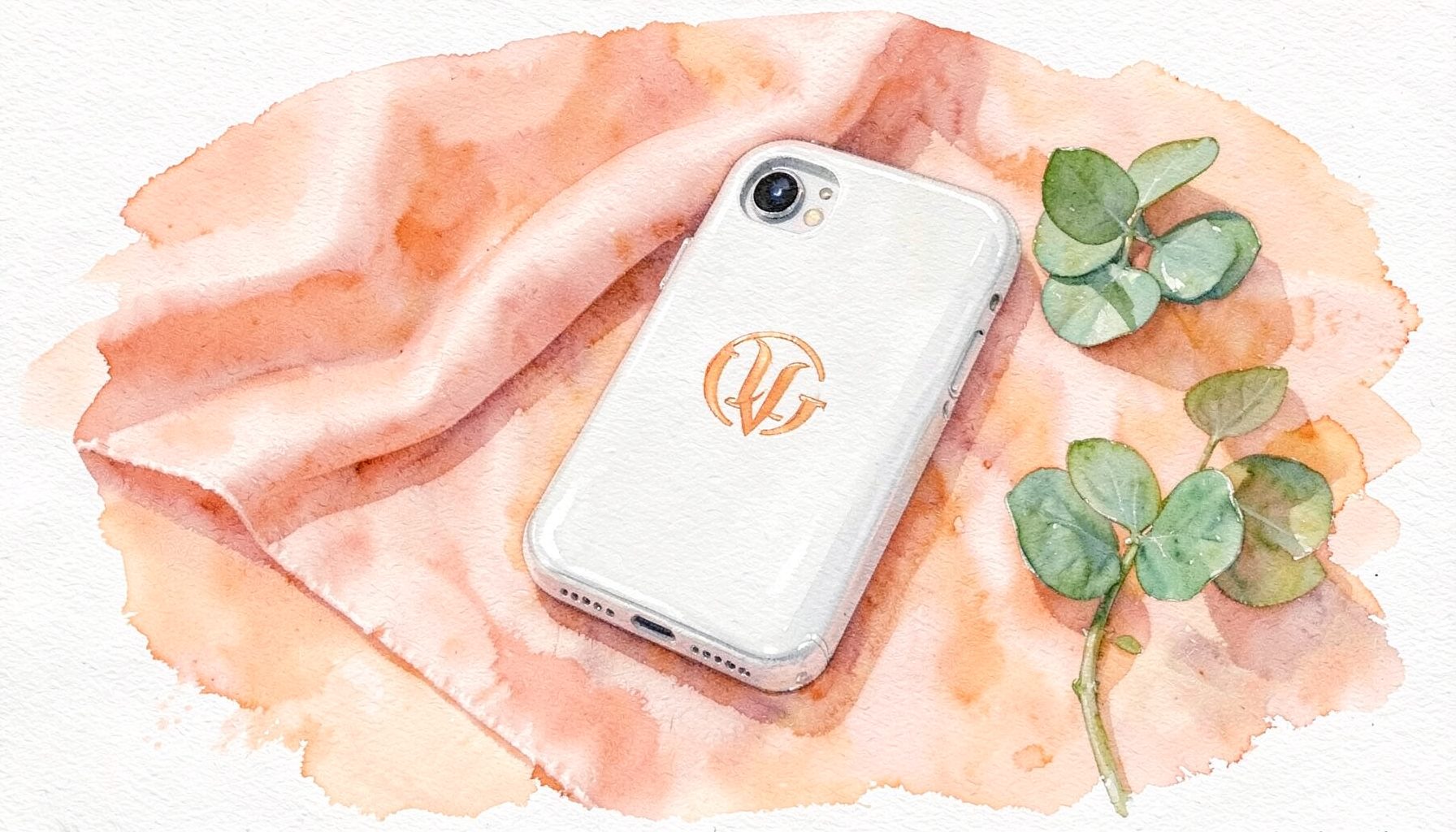 A soft watercolour painting of a glossy white phone case with a monogram letter, resting on a blush-pink silk scarf beside a sprig of eucalyptus.