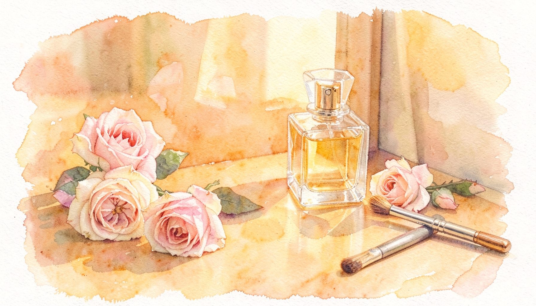 A soft watercolour painting of delicate pink and cream roses scattered across a vanity table beside a vintage perfume bottle and a makeup brush, bathed in warm golden morning light.