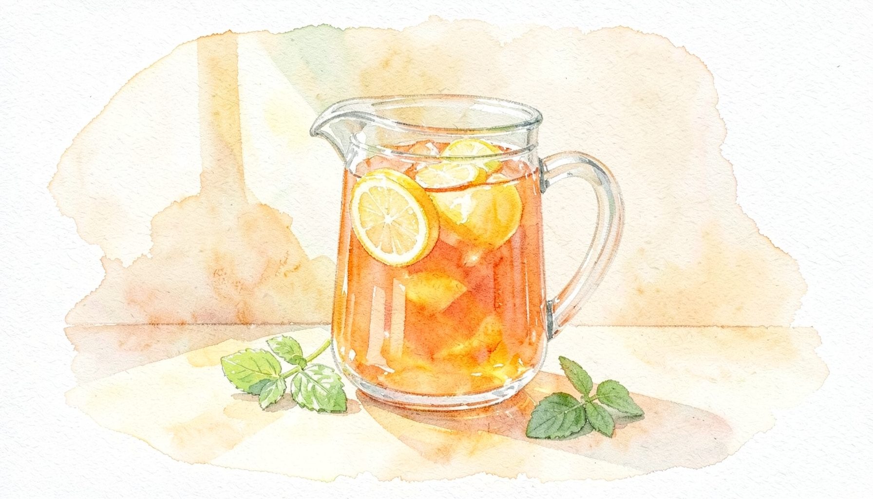 A soft watercolour of a pitcher of iced tea with lemon slices and fresh mint on a sunlit counter, in pale amber and soft green.