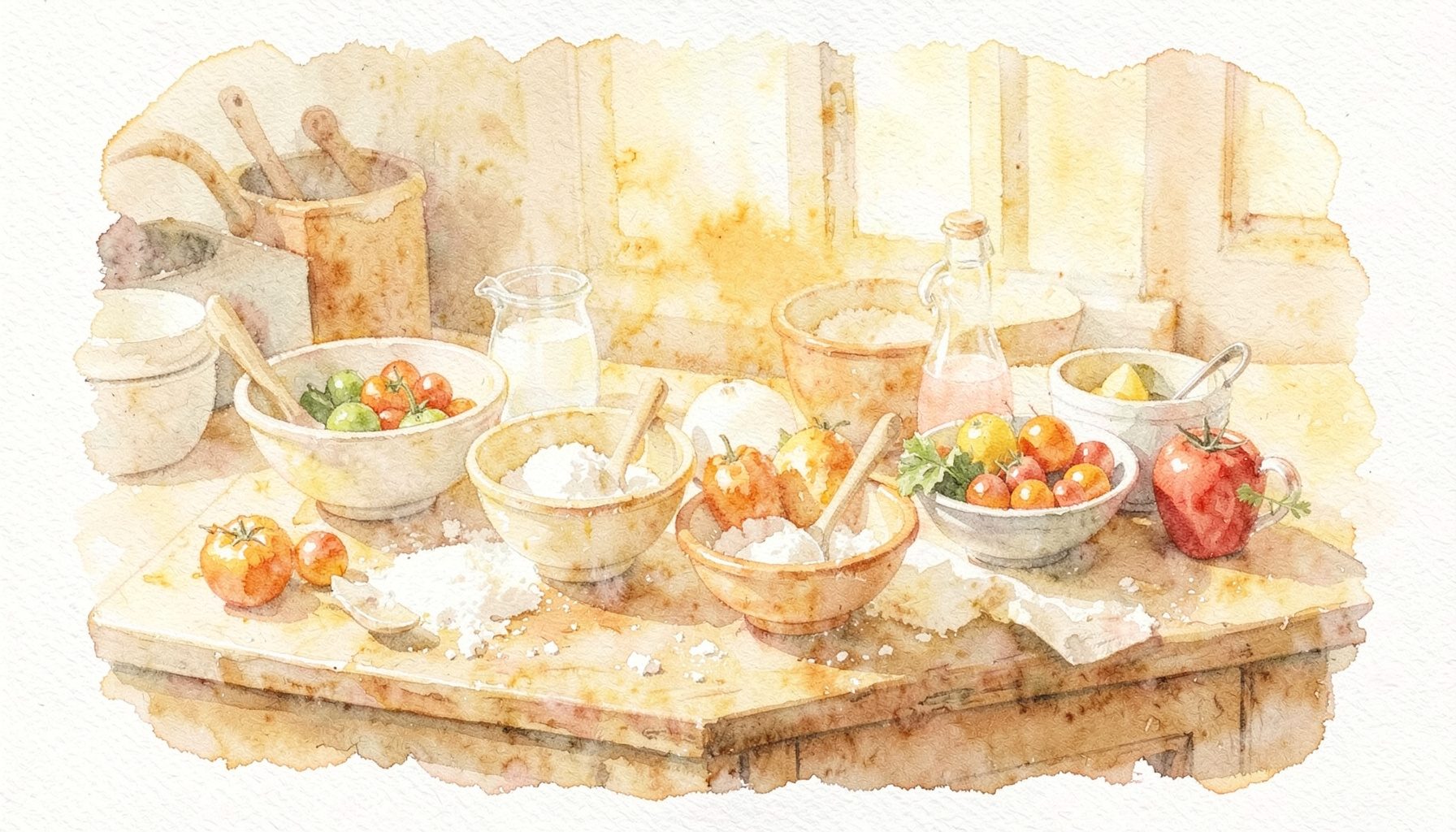 A soft watercolour painting of a rustic kitchen table with fresh ingredients, mixing bowls, and a dusting of flour, in warm cream and golden tones.