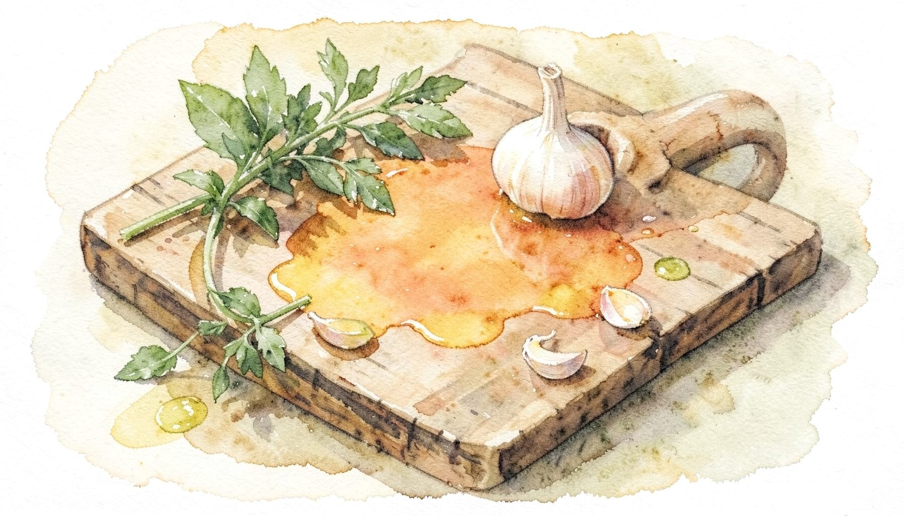 A soft watercolour of a rustic wooden board with fresh herbs, garlic cloves, and a drizzle of olive oil, in earthy greens and warm ochre.