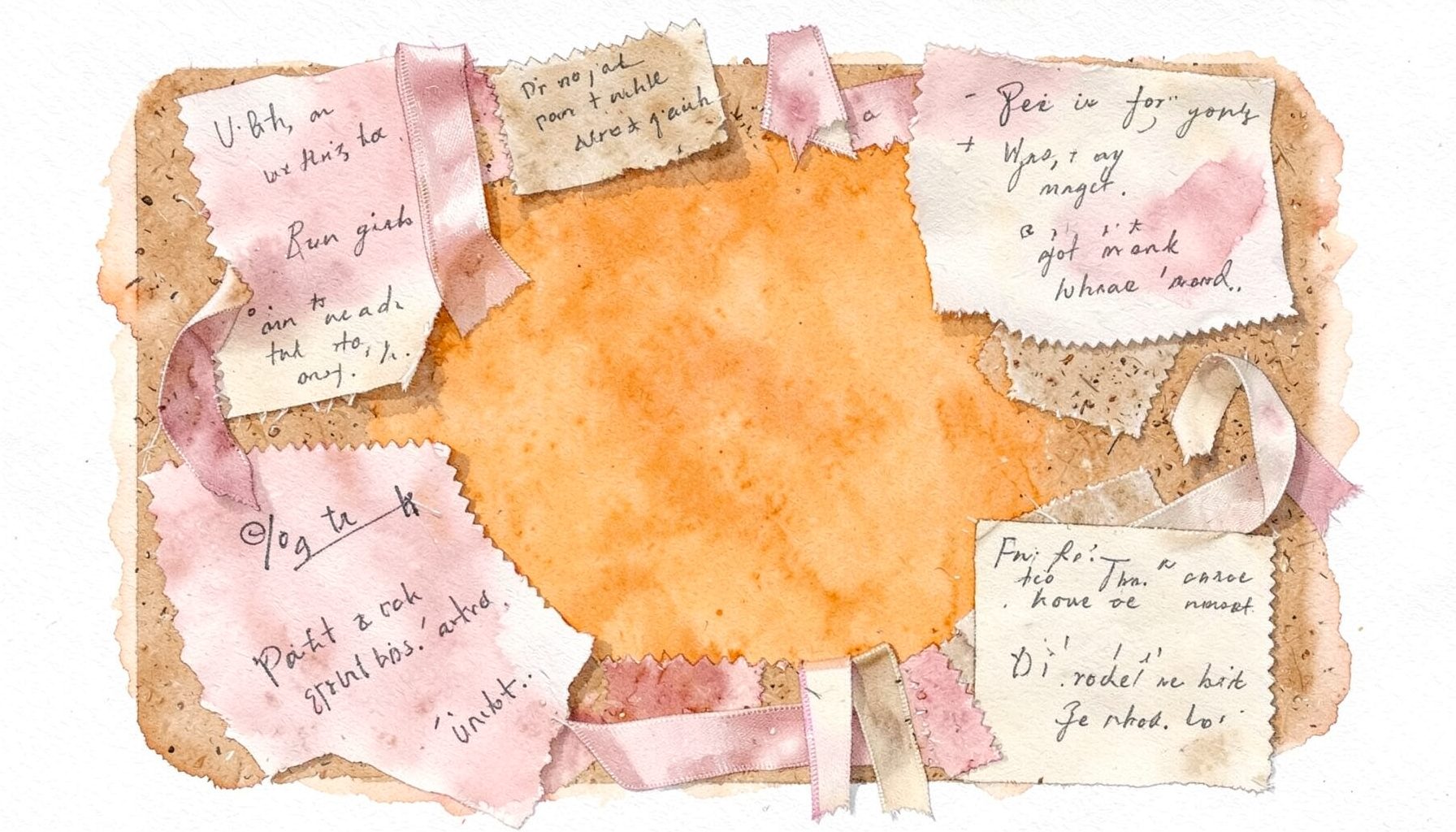 A soft watercolour painting of a corkboard covered with pinned fabric swatches, ribbon trims, and handwritten project notes in dusty rose and oatmeal tones