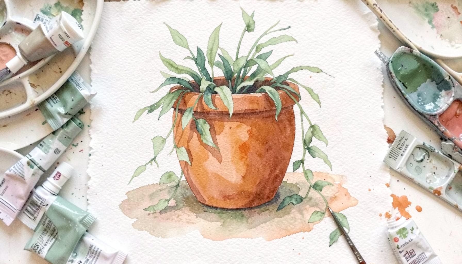 A soft watercolour painting of a hand-painted terracotta pot with trailing greenery, surrounded by paint tubes and a palette in sage green and terracotta hues