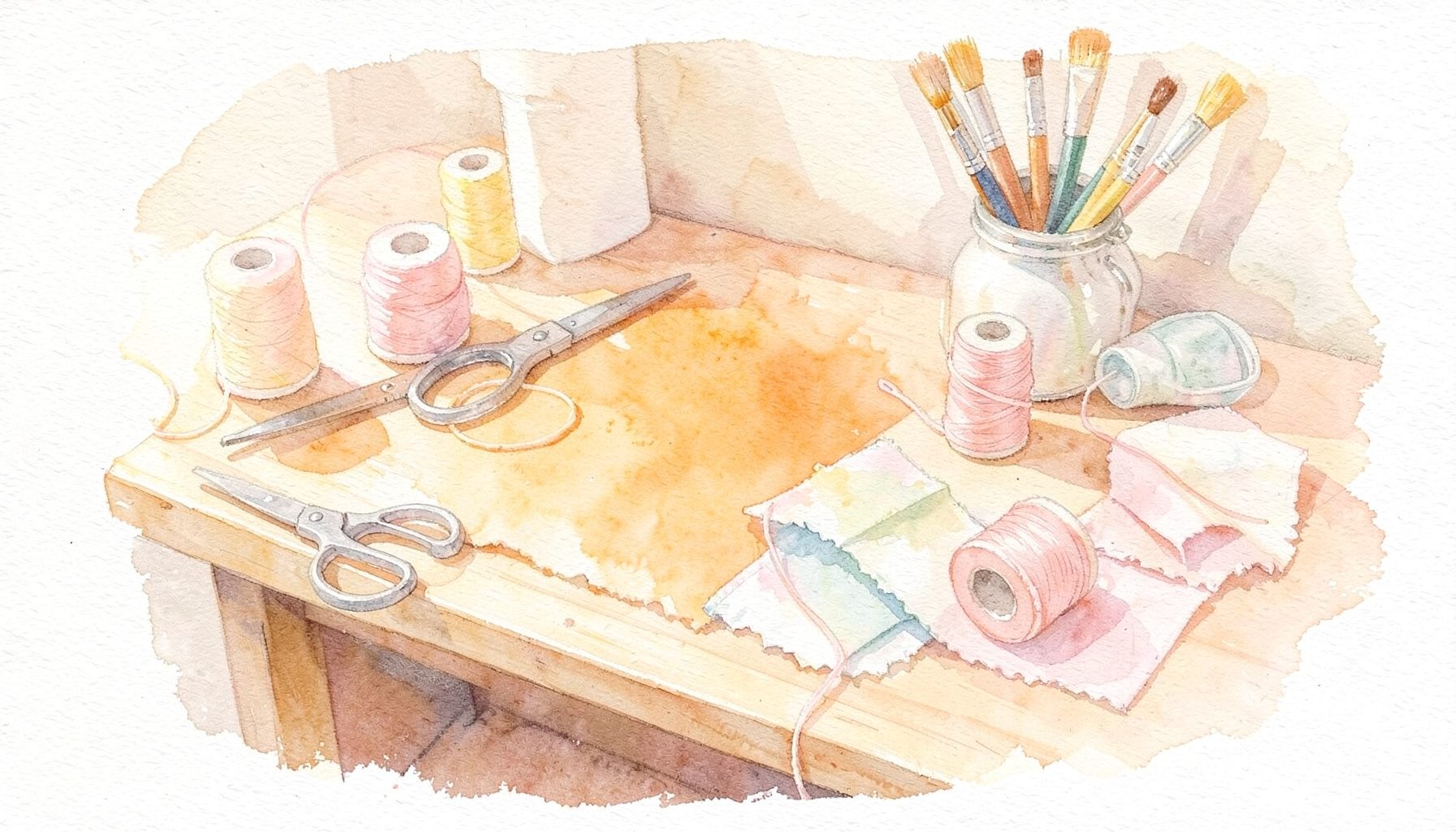 A soft watercolour painting of a sunlit craft table with scissors, spools of pastel thread, fabric scraps, and a jar of paintbrushes, in warm cream and blush tones
