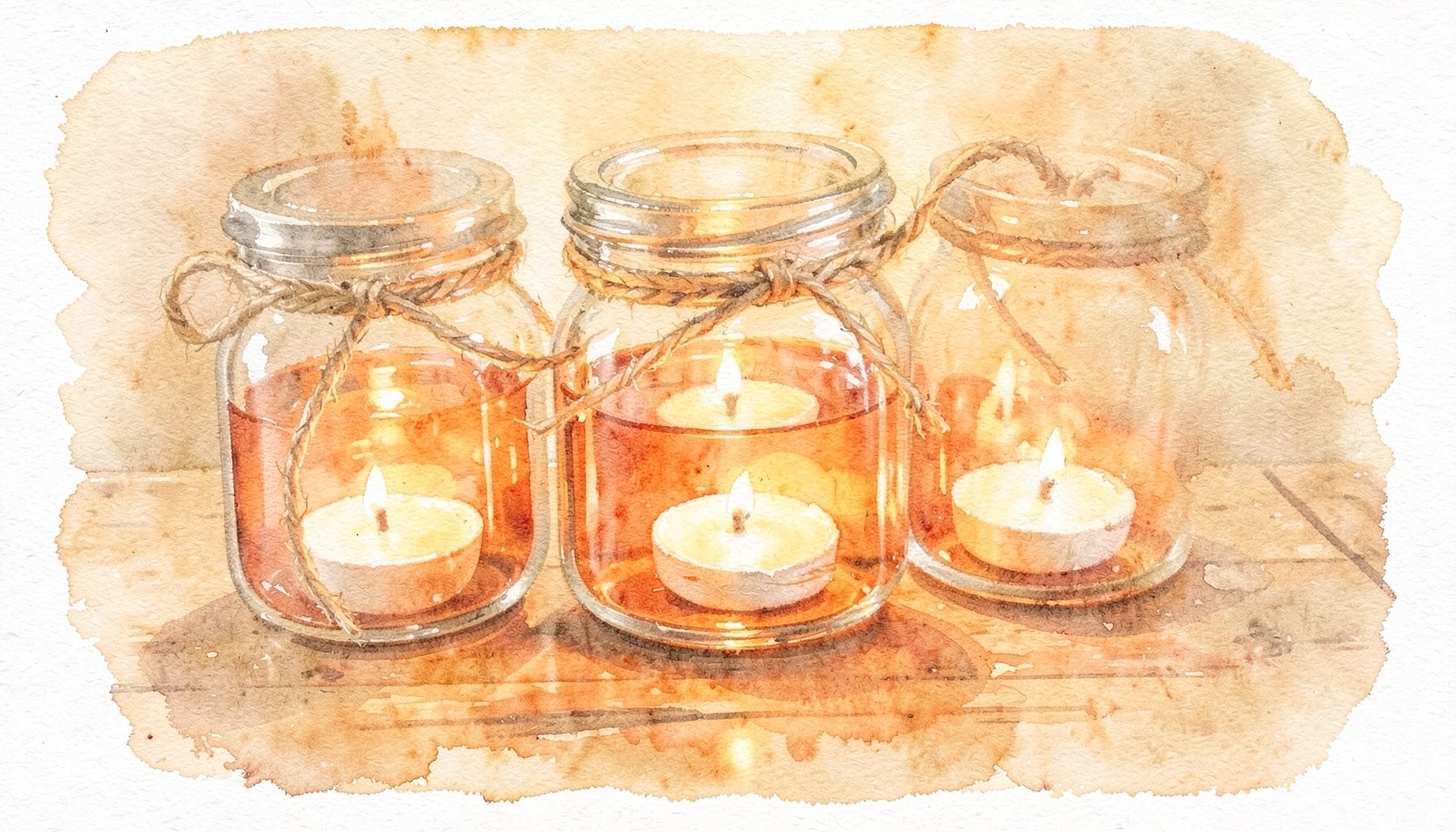 A soft watercolour painting of glass jars wrapped in twine and filled with tea lights, casting a warm glow on a wooden tabletop in amber and ivory