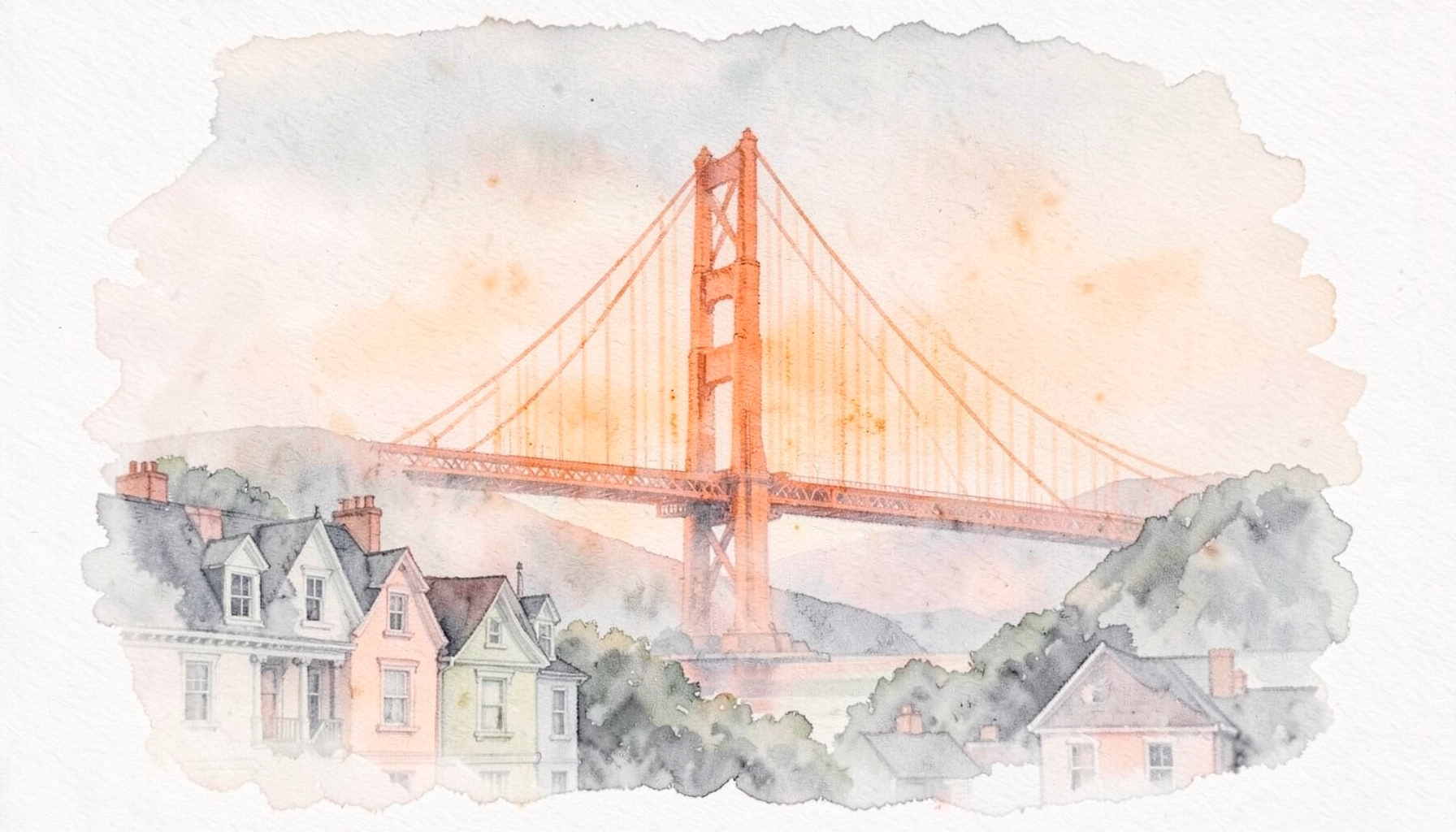 A soft watercolour painting of the Golden Gate Bridge emerging from fog, with pastel Victorian houses in the foreground, cool grey and soft coral tones.