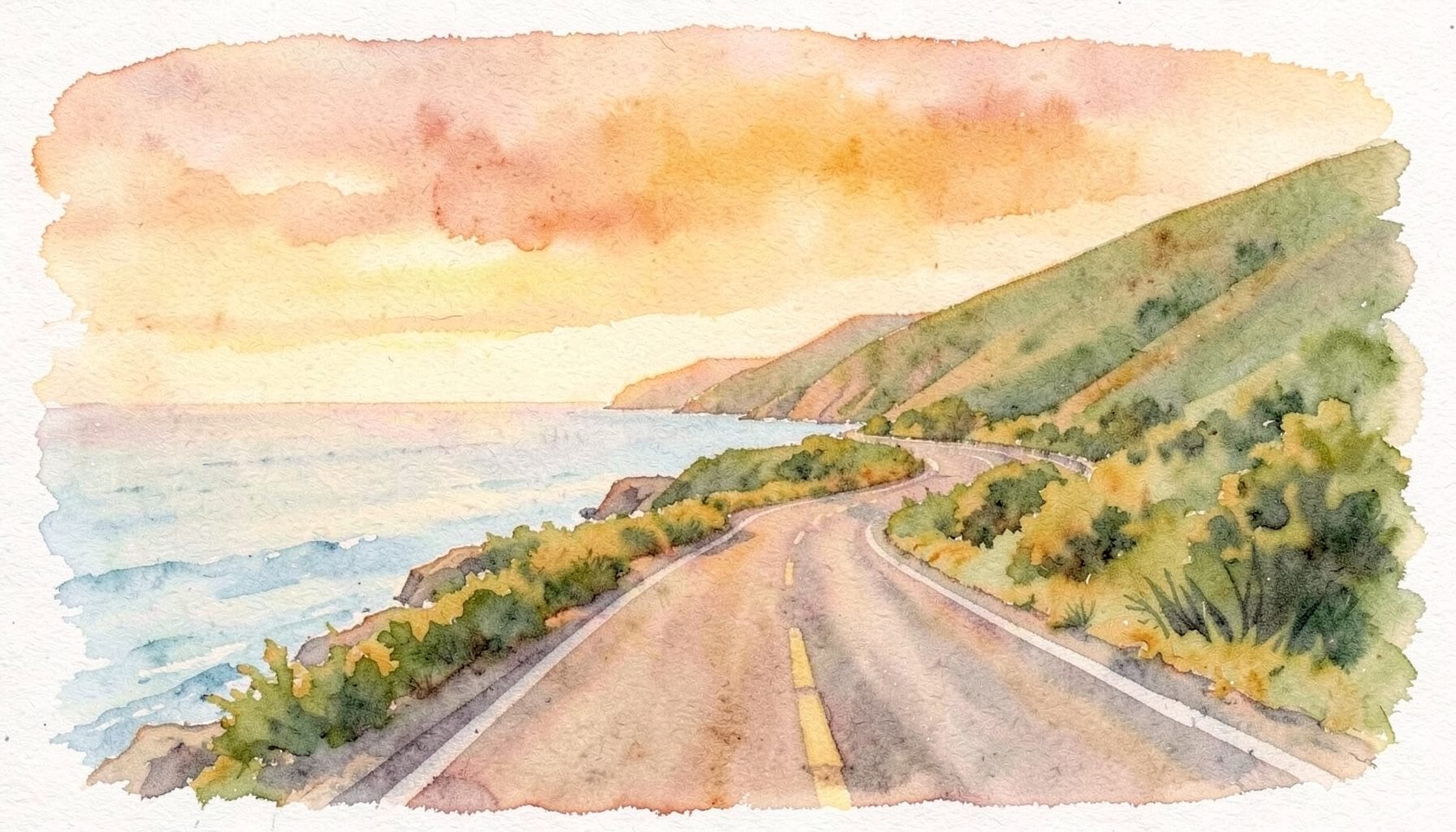 A soft watercolour painting of a winding coastal road at golden hour, with pale blue ocean on one side and rolling green hills on the other, warm amber and dusty rose tones in the sky.