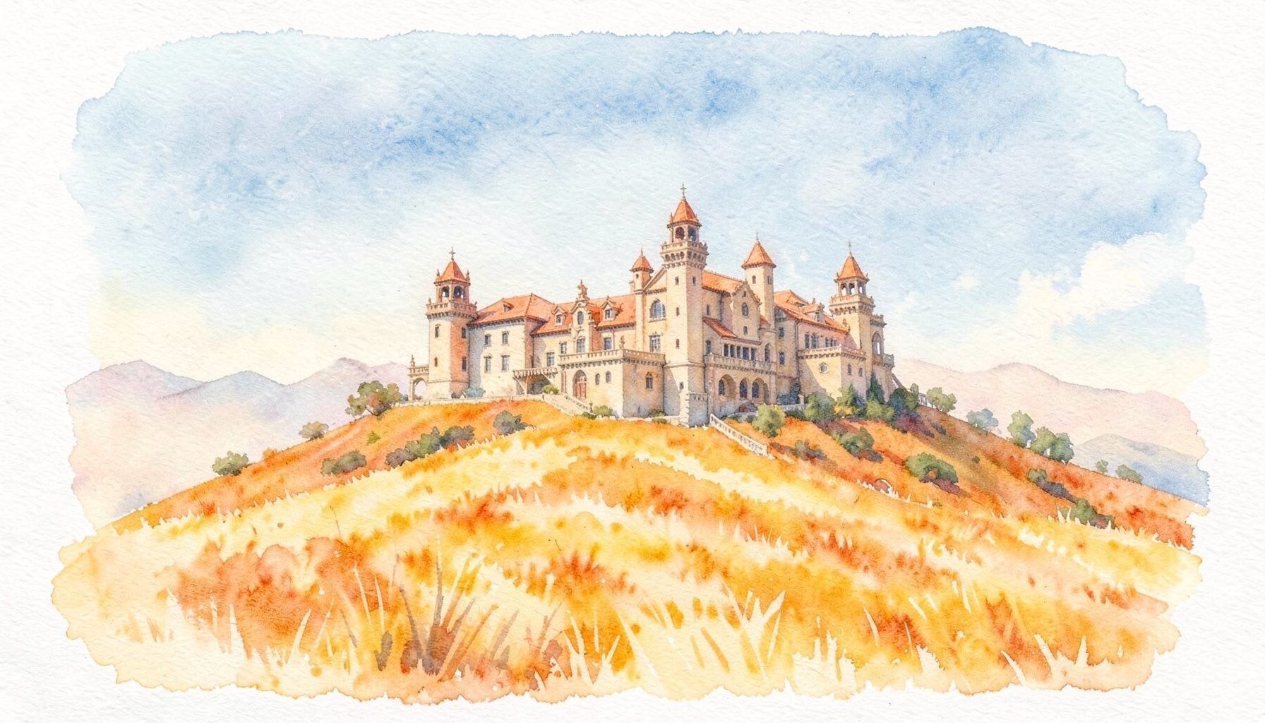 A soft watercolour painting of a grand hilltop castle with terracotta roofs and ornate towers, surrounded by golden California grassland under a hazy blue sky.