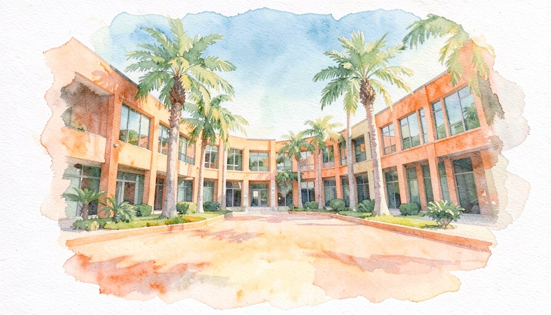 A soft watercolour painting of a modern university campus courtyard with palm trees, warm terracotta and sage green tones under a bright Florida sky.