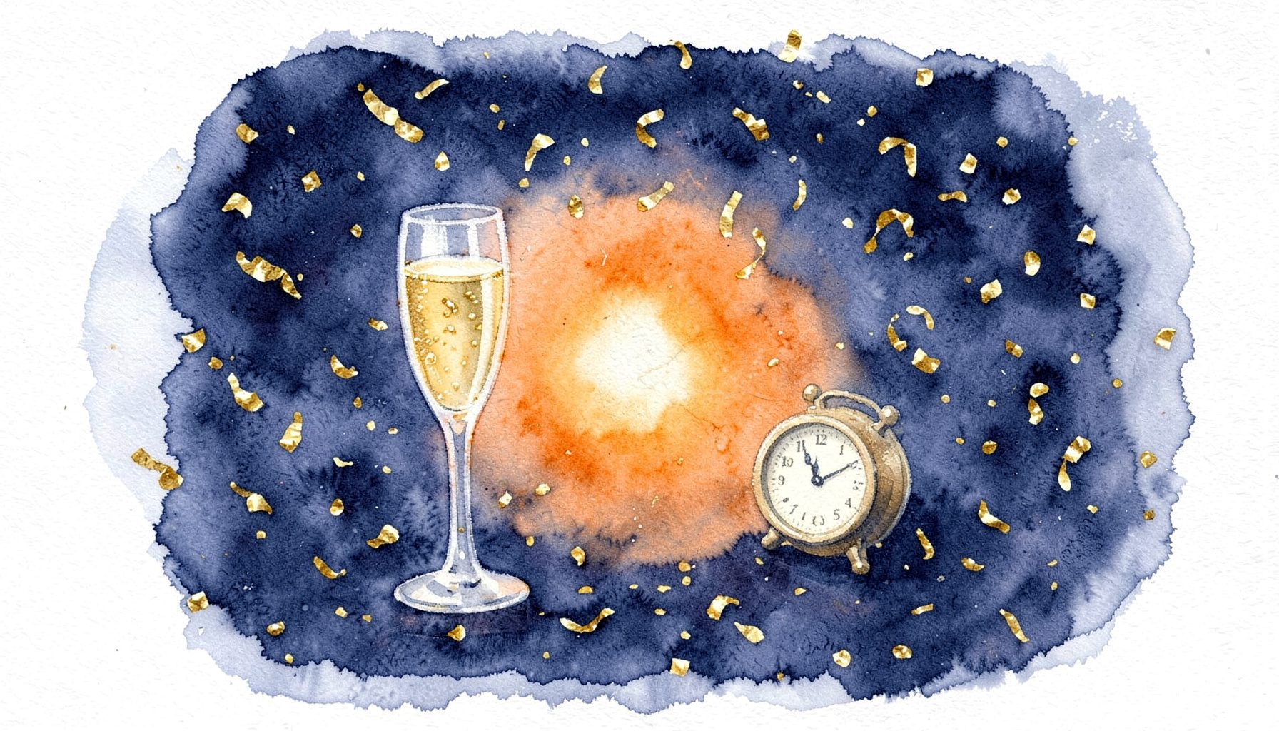 A soft watercolour painting of a festive New Year's Eve scene with gold confetti, a glass of champagne, and a small clock approaching midnight, in deep navy, gold, and cream.