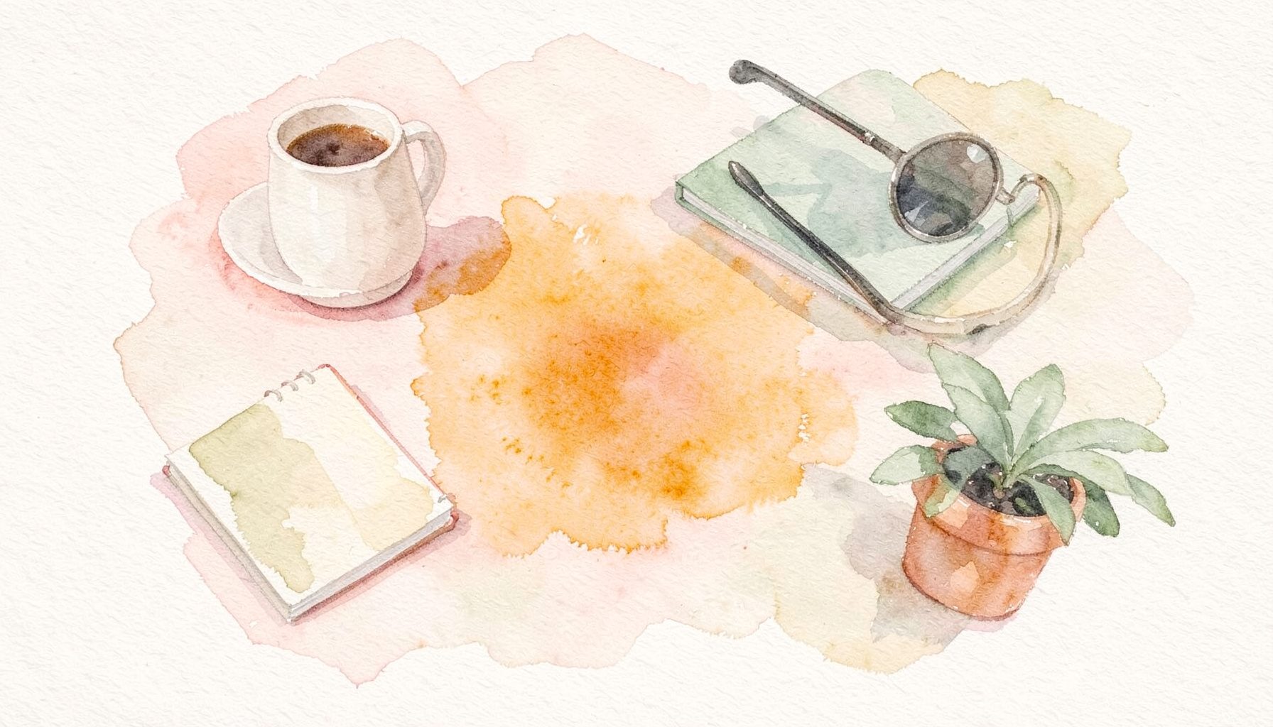 A soft watercolour painting of scattered everyday objects — a coffee cup, a notebook, a pair of sunglasses, and a small potted plant — arranged loosely on a pale cream surface, with gentle washes of blush pink, sage green, and warm beige.