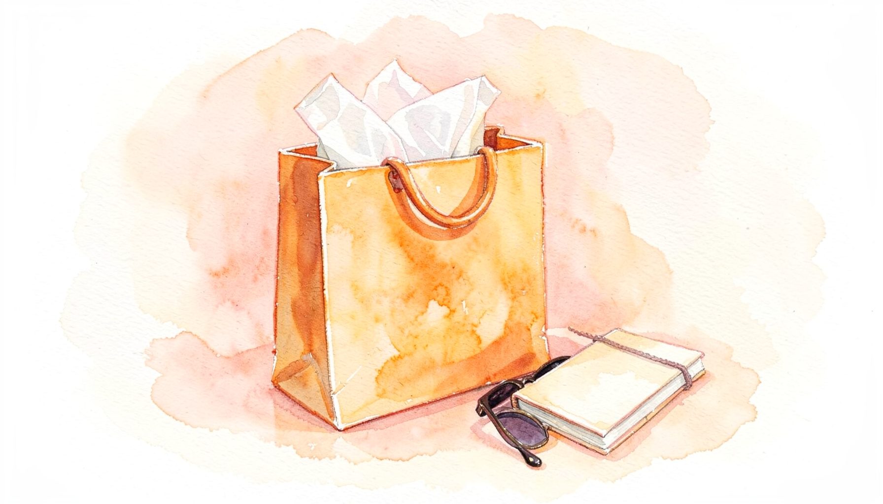 A soft watercolour painting of a shopping bag with tissue paper peeking out, resting beside a pair of sunglasses and a small notebook, in warm blush and cream tones.
