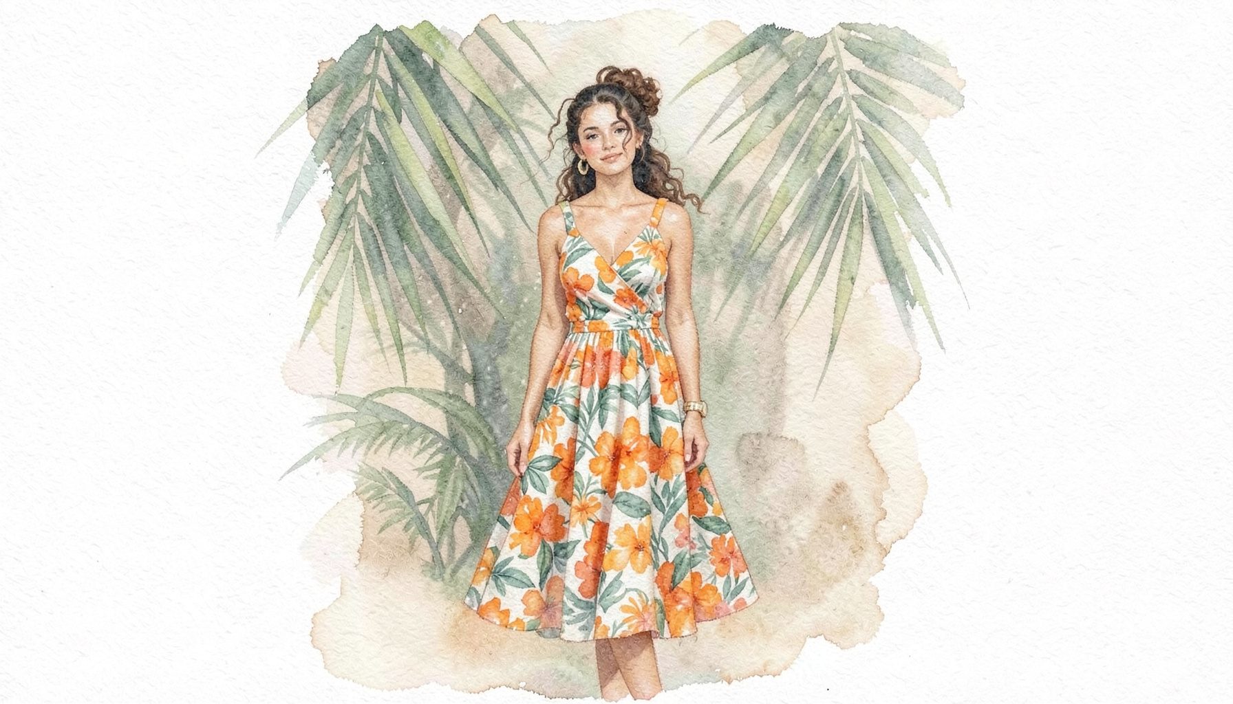 A soft watercolour painting of a stylish woman in a breezy tropical-print dress, standing against a backdrop of palm fronds in muted greens and sandy beige.