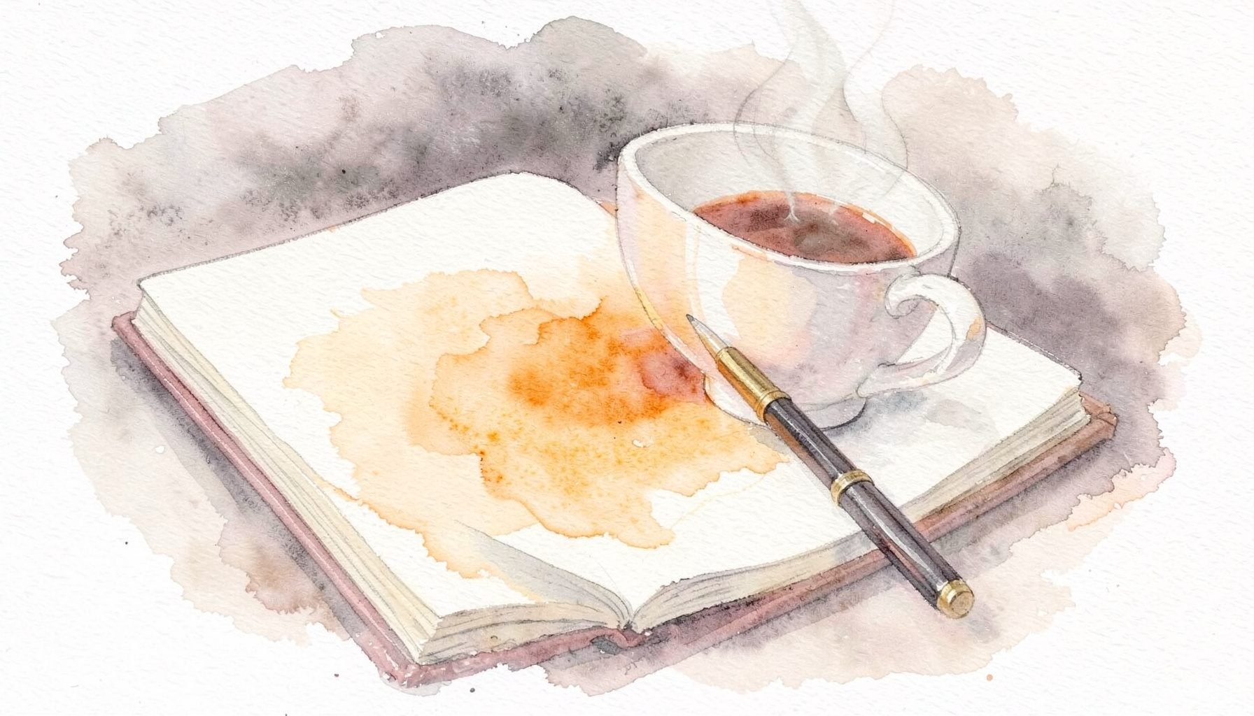 A soft watercolour painting of an open journal beside a steaming mug of tea, with a pen resting across the page, in warm ivory, soft grey, and muted rose.